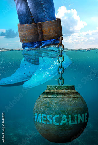 Mescaline can be an issue and a burden with negative effects on health and behavior - Mescaline can be a life stigma that impacts victims life and mental well being, 3d illustration