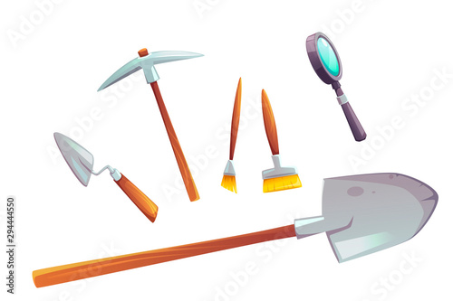 Excavation tools set of cartoon vector illustrations