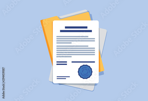 Contract or document signing icon. Document, folder with stamp and text. Contract conditions, research approval