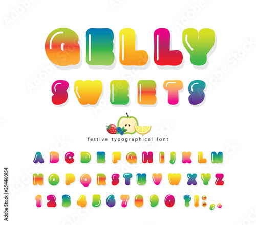 Sweet 3d gelly font. Cute cartoon letters and numbers for birthday card, baby shower, Valentines day, sweets shop, girls magazine, collages design. Isolated. Vector