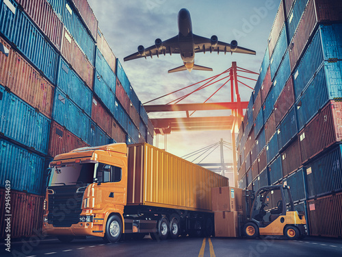 Transportation and logistics of Container Cargo ship and Cargo plane.