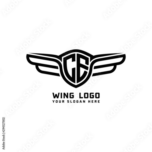 CE initial logo wings, abstract letters in the middle of black