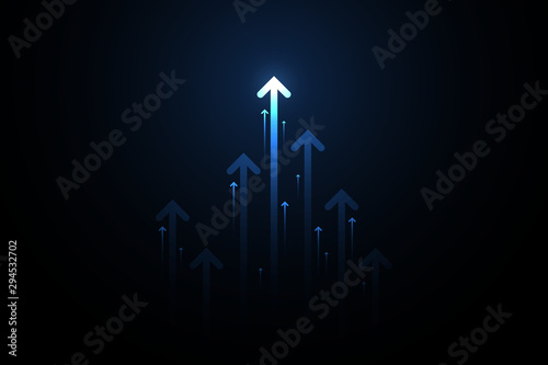 Up light arrows and speed lines on dark blue background, copy space composition, growth competition technology concept.