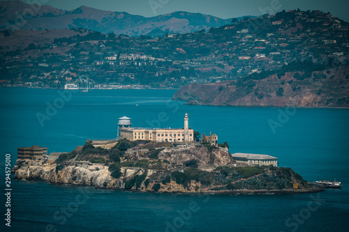 View of Historical Alcatraz Prison Island in San Francisco California from the far
