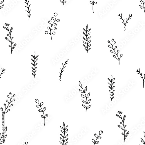 Doodle seamless botanical pattern. Sketch vector illustration. Different contour herbs on white background for textile design. Simple floral hand drawn isolated elements for organic product packaging