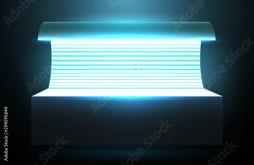 Vector solarium cabin with blue luminous lamps isolated on black background. Realistic 3d illustration.
