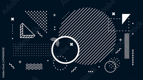 Abstract dark background. Geometric shapes, black and white minimal memphis. Digital modern tech, futuristic geometrical abstract backdrop or wallpaper vector illustration