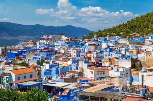 The famous blue city of Chefchaouen, top view.