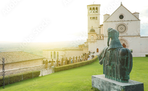Famous Basilica of St. Francis of Assisi at sunset, Umbria, Italy.