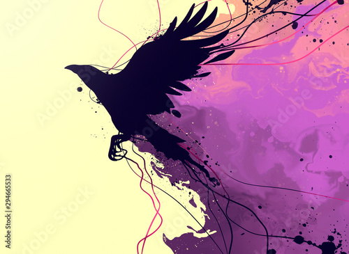 drawing of a raven with elements of abstraction and splashes