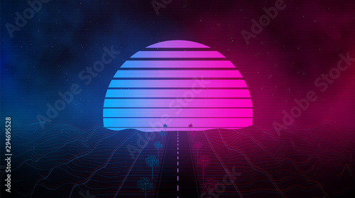 Retrowave laser grid landscape, sunset with outrun road and polygonal palms in blue pink colors with glowings and fog. Eps 10