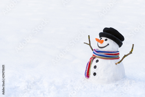 Cute snowman in deep snow