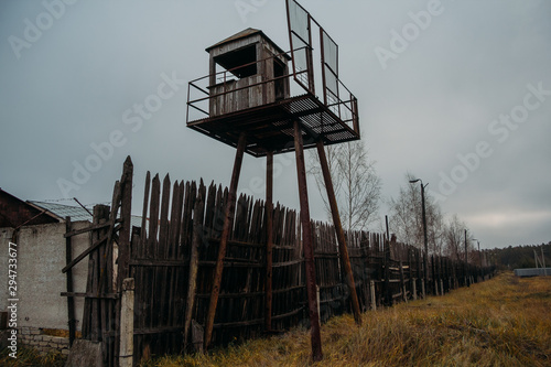 Old observation tower in abandoned Soviet Russian prison complex
