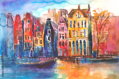 Widok na kamienice i kanał w Amsterdamie namalowany ręcznie farbami akwarelowymi