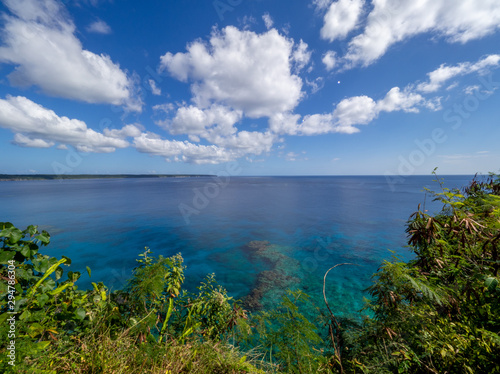 View through low shrubs to clear blue ocean with white clouds against a blue sky