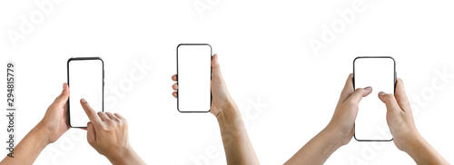 Human hand holding a smart phone black screen white Isolated on white background