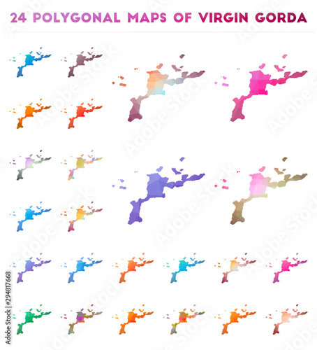 Set of vector polygonal maps of Virgin Gorda. Bright gradient map of island in low poly style. Multicolored Virgin Gorda map in geometric style for your infographics.