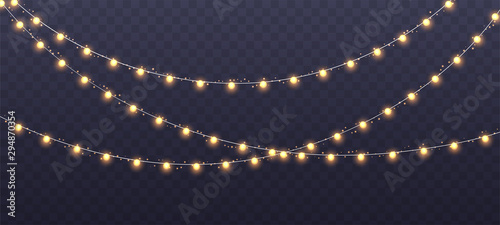 Christmas garland isolated on transparent background. Glowing yellow light bulbs with sparkles. Xmas, New Year, wedding or Birthday decor. Party event decoration. Winter holiday season element.