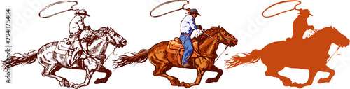 vector image of a cowboy in a hat on a horse with a lasso and a foal in the style of art graphics