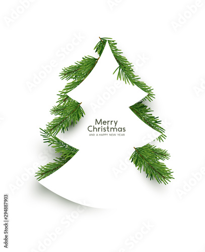 Christmas concept. Flat arrangement of fir branches in the shape of a christmas tree. Vector illustration.