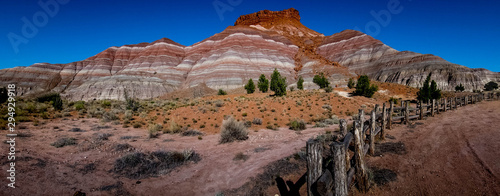 Wide Panorama of Beautiful Striped Geologic Sedimentary Layers on a Mountain in the Painted Desert, Arizona, United States of America
