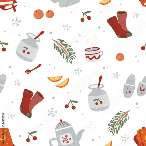 cute winter pattern: orange, mandarin, snowflakes, teapot, mug, socks, spruce branch, cherry jam, books. collection of cozy things