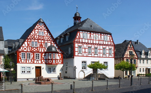 Traditional half-timbered houses at the market square of Kirchberg city, Germany