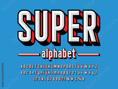 Superhero comic style vector font with uppercase, lowercase, numbers and symbols