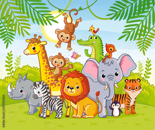 Cute african animals stand among the savannahs. Large collection of animals.