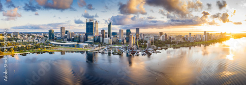 Aerial panoramic view of the beautiful city of Perth at sunrise