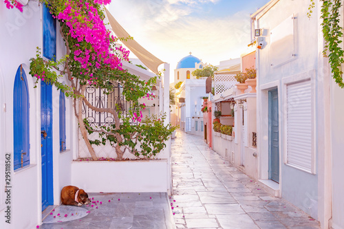 Wąska sceniczna ulica Oia wioska na Santorini wyspie przy zmierzchem, Grecja.