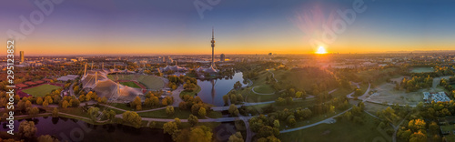 Impressive total view over Munich at sunset with the Olympic Park.