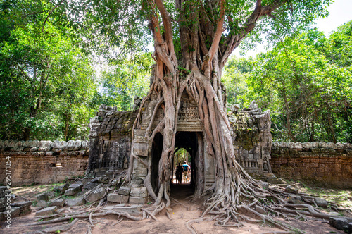 Siem Reap / Cambodia - May 27 / 2019 : huge tree with roots covering the door at ta som temple at angkor wat temple complex