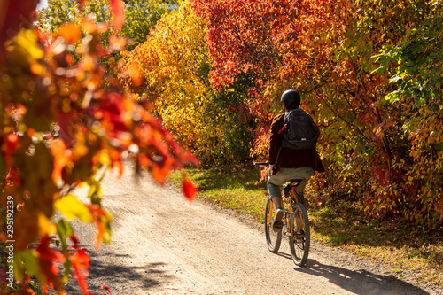 Cyclist riding a bike on Des Carrieres cycle path.