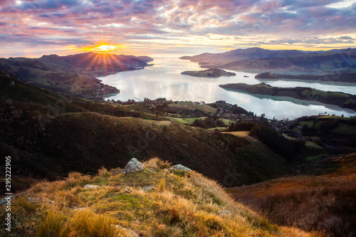 Christchurch New Zealand Landscape, Sunrise Scenic View From Port Hills Overlooking Lyttelton Harbour In Canterbury, South Island NZ, Popular Travel Destination