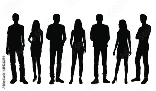 Vector silhouettes of men and a women, a group of standing business people, black color isolated on white background