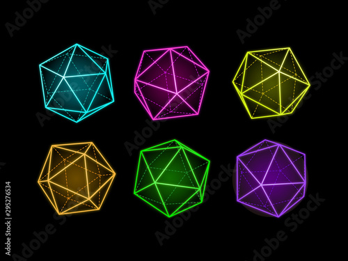 Neon icosahedron vector illustration. Transparent low poly geometric shapes. Three-dimensional forms polyhedrons.