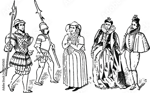 Tudor Costumes, typical dress of the age. History of England 1883 - antique vintage woodcut artwork illustration