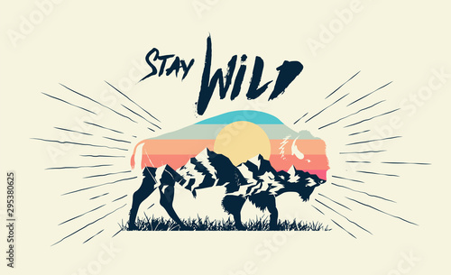 Double exposure effect buffalo bison silhouette with mountains landscape and stay wild caption. T-shirt print design. Vector illustration.