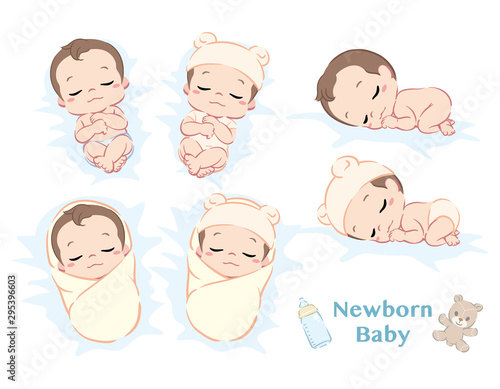 Cute newborn baby boy. Poses set. Vector illustration.