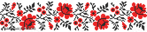 Seamless embroidered handmade cross-stitch ethnic Ukraine pattern for design. Vector red and black borders illustration on white background.