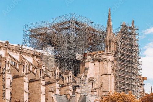 Repair and reconstruction work on the reconstruction of Notre Dame after the fire - scaffolding around the facade