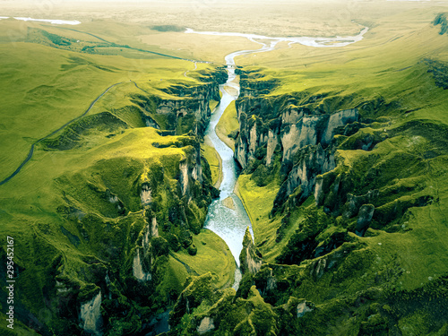 Rugged Landscape of Fjadrargljufur Canyon in Iceland. Aerial shot.