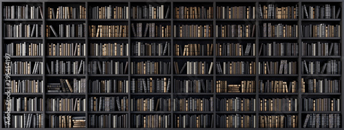 Bookshelves in the library with old books 3d render 3d illustration