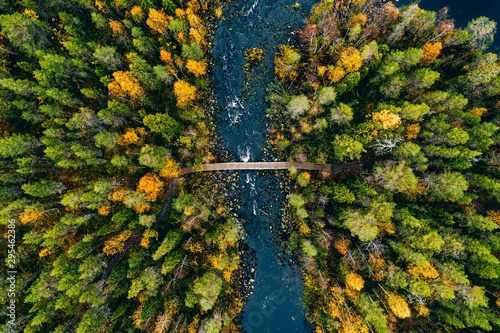 Widok z lotu ptaka na szybki przepływ rzeki przez skały i kolorowy las. Jesień w Finlandii