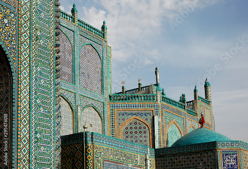 The Blue Mosque in Mazar-i-Sharif, Balkh Province in Afghanistan. Detail of the mosque in Mazar i Sharif showing colorful decorative mosaics and tiles with geometric patterns. Northern Afghanistan.