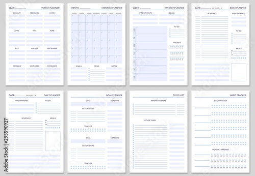 Minimalist planner pages templates. Organizer page, diary and daily control book. Life planners, weekly and days organizers or office schedule list. Graphic organization paper vector set