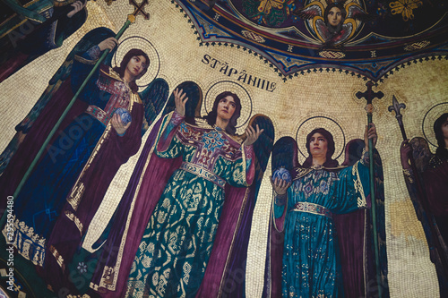 Street view of Sibiu, Holy Trinity Cathedral mosaic 