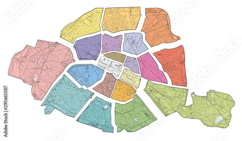 Satellite map of Paris, the capital and most populous city of France. Division of the city into areas, arrondissement, municipalities. Streets of the capital. France