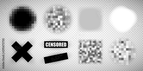 Censorship elements of various types, censored bar and pixel censor mosaics signs set, censure pixelation effect and blur, templates for visual materials censoring